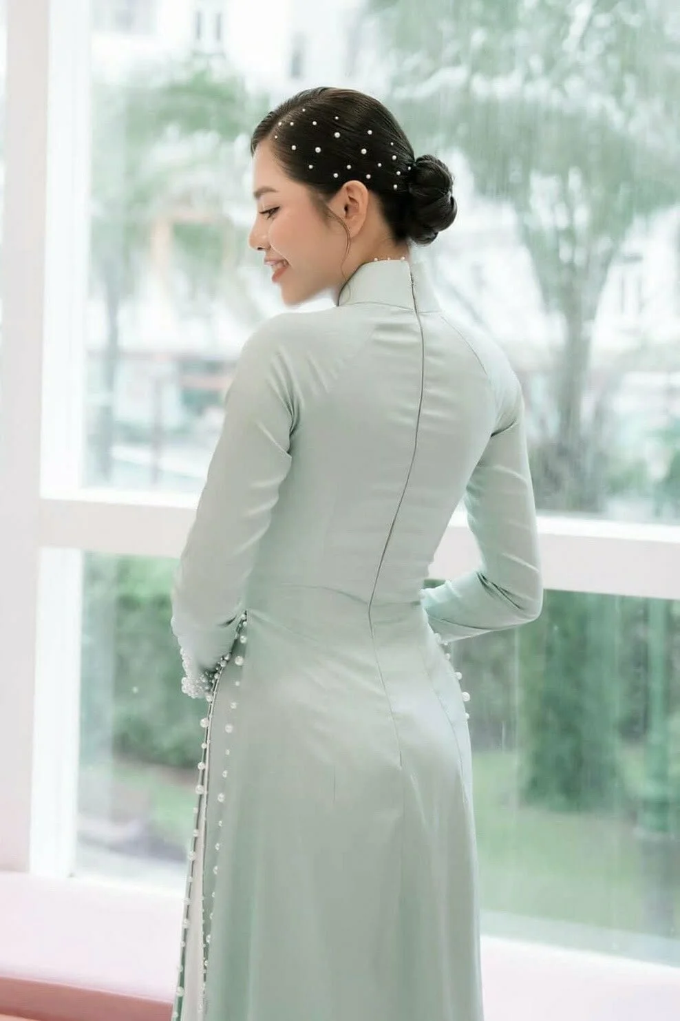 Áo Dài Lụa Xanh mint ngọc Trai 3D