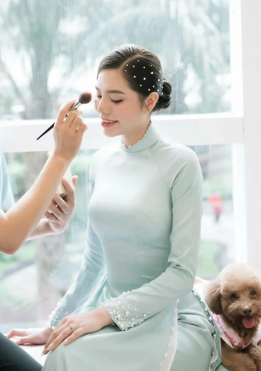 Áo Dài Lụa Xanh mint ngọc Trai 3D