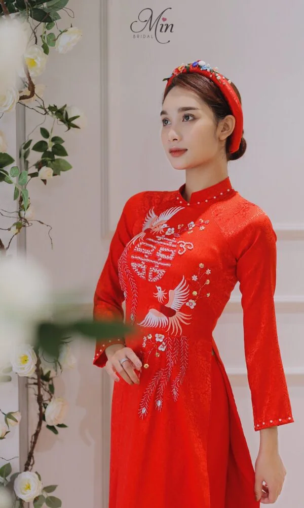 Áo Dài Gấm vân Hoa kết Hạc