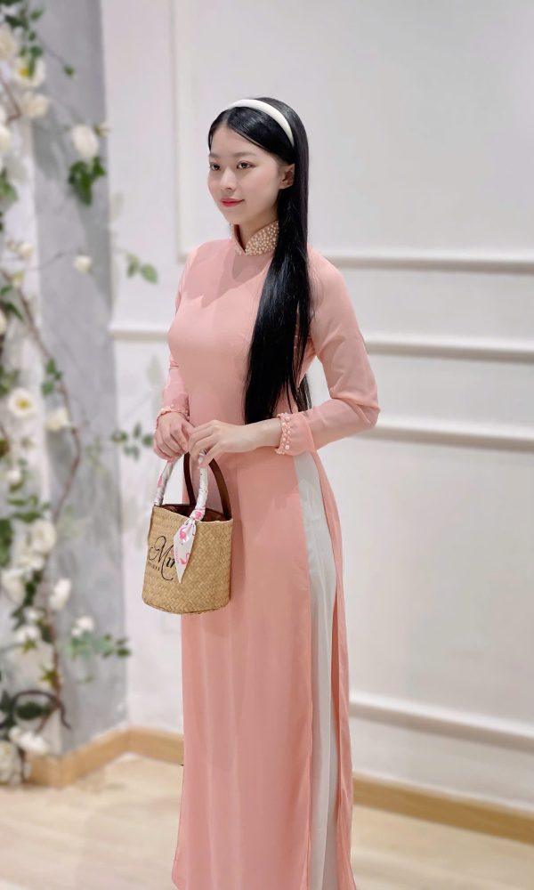 Áo Dài Cam Đào Đính Ngọc