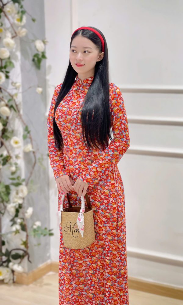 Áo Dài Cô Ba Hoa Nhí Đỏ