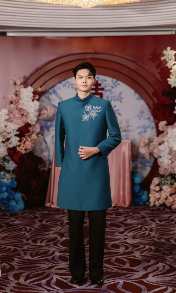 Áo Dài Nam Xanh Đính Kết